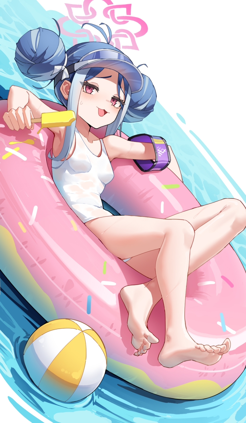 1girl, :3, antenna_hair, armband, ball, bare_shoulders, barefoot, beachball