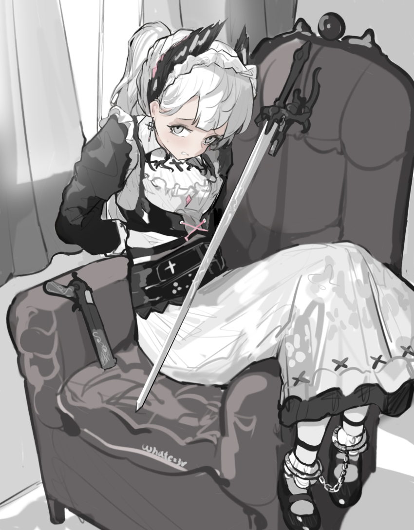 1girl, absurdres, ambience_synesthesia, arknights, arms_behind_back, artist_name, black_shoes, black_sleeves