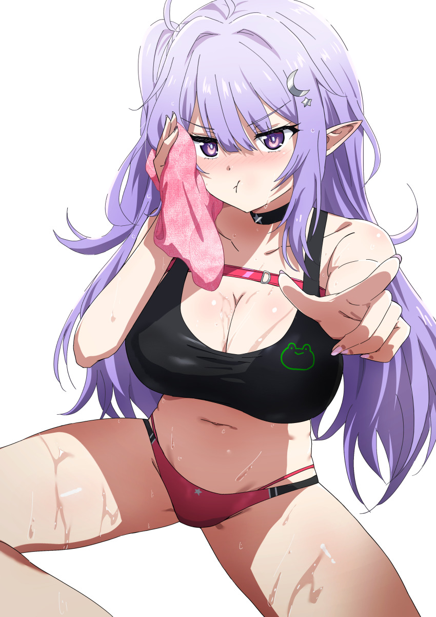 1girl, absurdres, black_choker, blush, breasts, choker, cleavage, commission, crescent, crescent_hair_ornament, eepy_sleepy, eepy_sleepy_(sleepy_2.0), hair_ornament, highres, indian_style, large_breasts, long_hair, looking_at_viewer, misaki_nonaka, navel, panties, phase_connect, pink_nails, pointing, pointing_at_viewer, pointy_ears, pout, purple_eyes, purple_hair, sitting, skeb_commission, solo, sports_bra, stomach, sweat, towel, transparent_background, underwear, virtual_youtuber