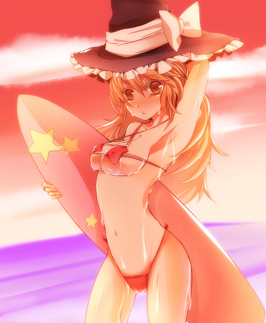 1girl, arm_up, armpits, bare_shoulders, bikini, blonde_hair, breasts, brown_eyes