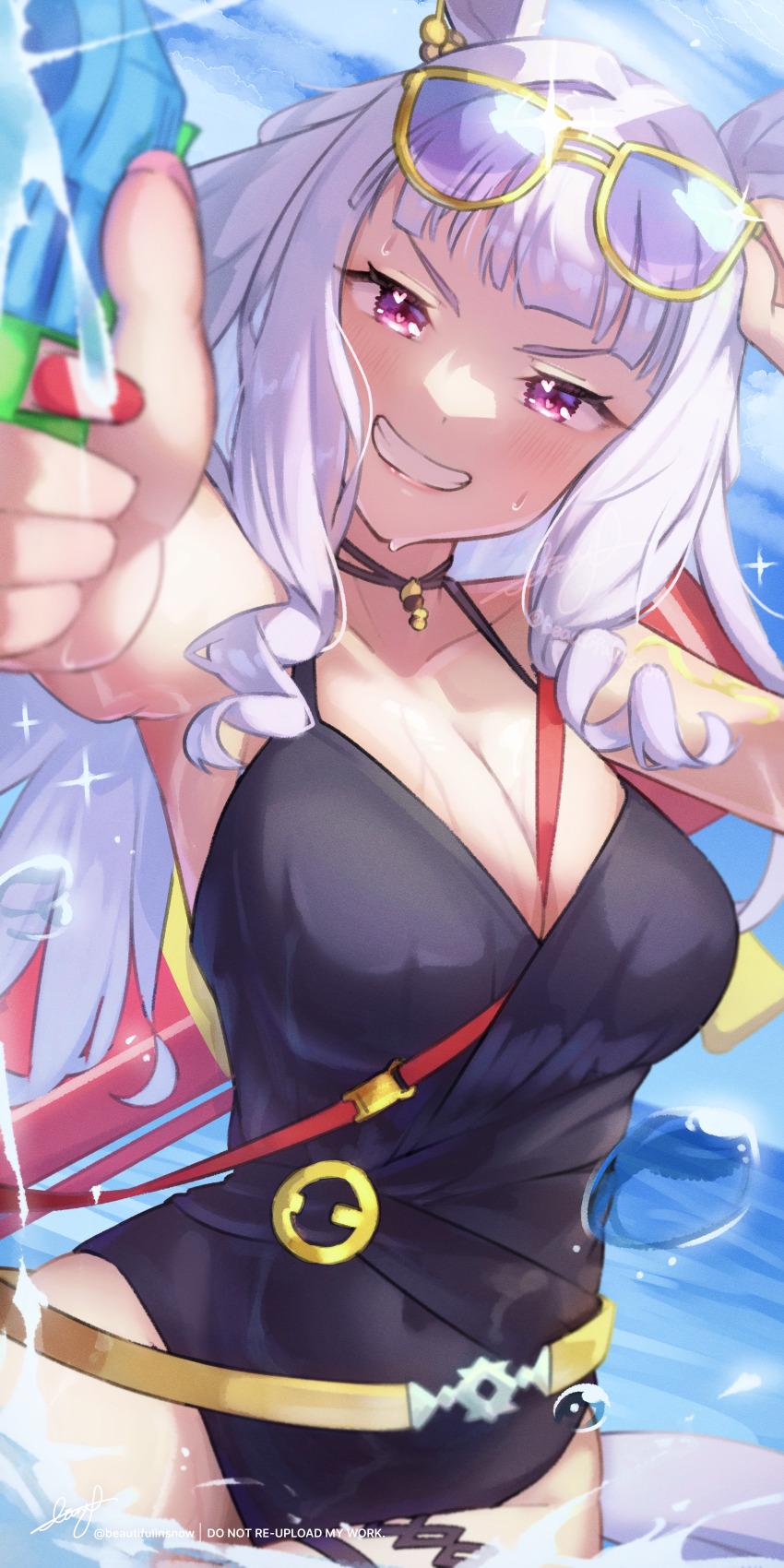 1girl, absurdres, animal_ears, beautifulinsnow, black_one-piece_swimsuit, blue_sky, breasts, cleavage, clenched_teeth, cloud, commentary_request, day, eyewear_on_head, gold_ship_(run_revolt_launcher)_(umamusume), gold_ship_(umamusume), heart, heart-shaped_pupils, highres, holding, holding_water_gun, horse_ears, horse_girl, long_hair, looking_at_viewer, medium_breasts, ocean, official_alternate_costume, one-piece_swimsuit, outdoors, pink_eyes, sky, smile, solo, sunglasses, swimsuit, symbol-shaped_pupils, teeth, umamusume, water_gun, white_hair