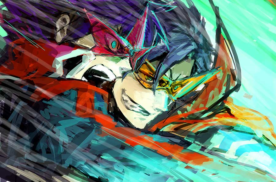 00s, 2boys, blue_hair, glasses, glowing, kamina_(ttgl), kamina_shades, kurosuke_(nora), kurosuke_shiro, male_focus, manly, multiple_boys, simon_(ttgl), spiral_power, tengen_toppa_gurren_lagann, time_paradox, triangular_eyewear