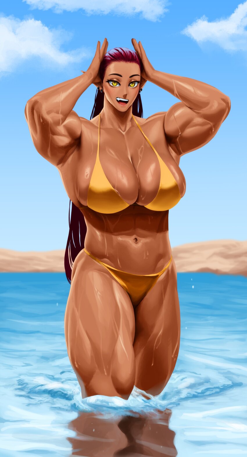 1girl, abs, absurdres, ali_(sotcho), armpits, arms_up, beach, bikini