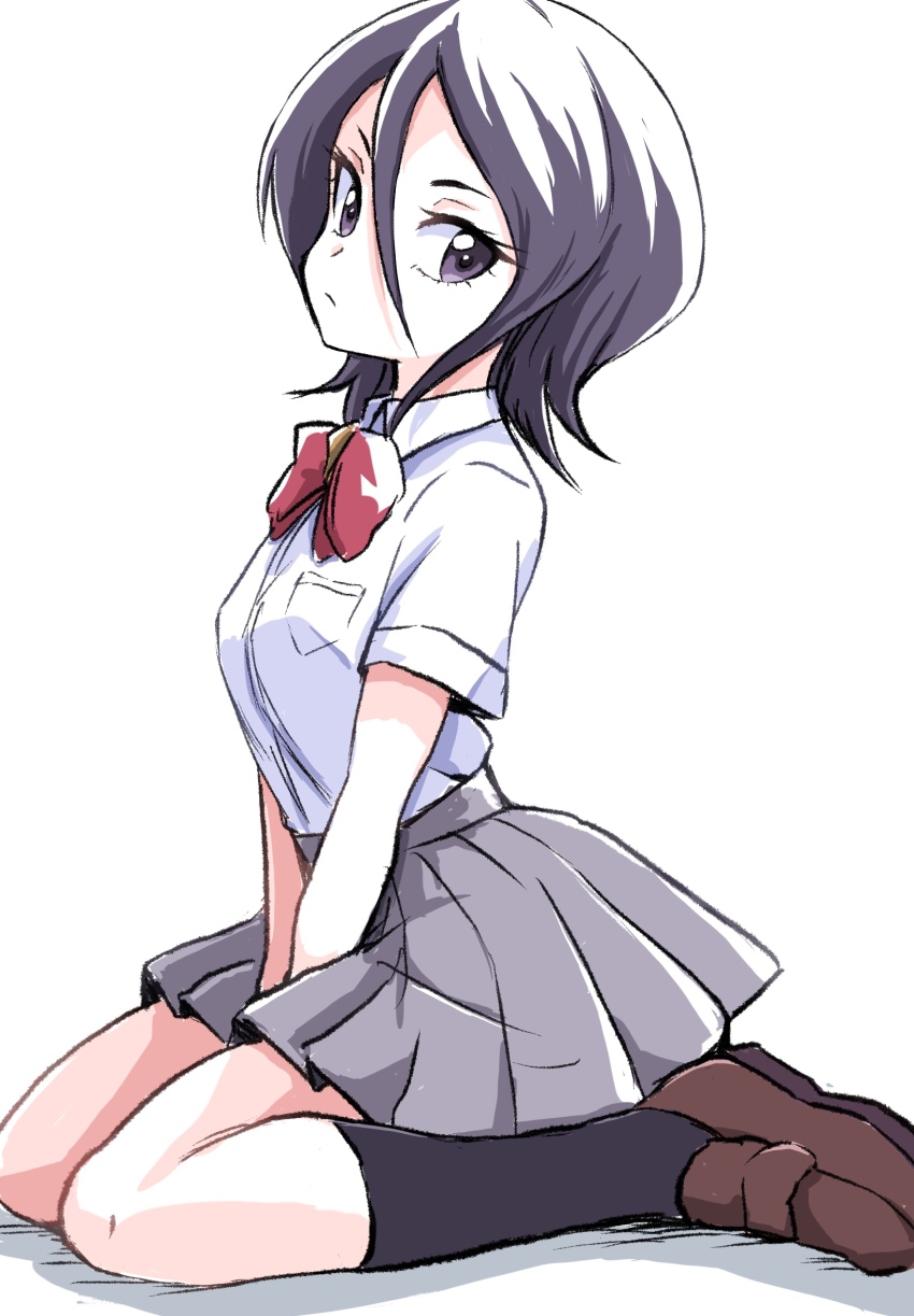 1girl, black_eyes, black_socks, bleach, brown_shoes, commentary_request, grey_skirt, hair_between_eyes