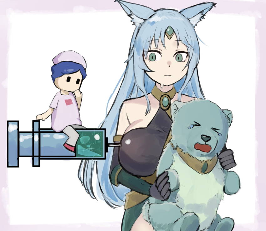 >_<, 2girls, animal, animal_ear_fluff, animal_ears, antidote_nurse, apollousa_bow_of_the_goddess, bare_shoulders