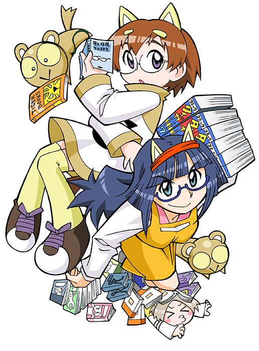 >_<, 3girls, :>, aina_(toranoana), animal_ear_hairband, animal_ears, apron, aqua_eyes