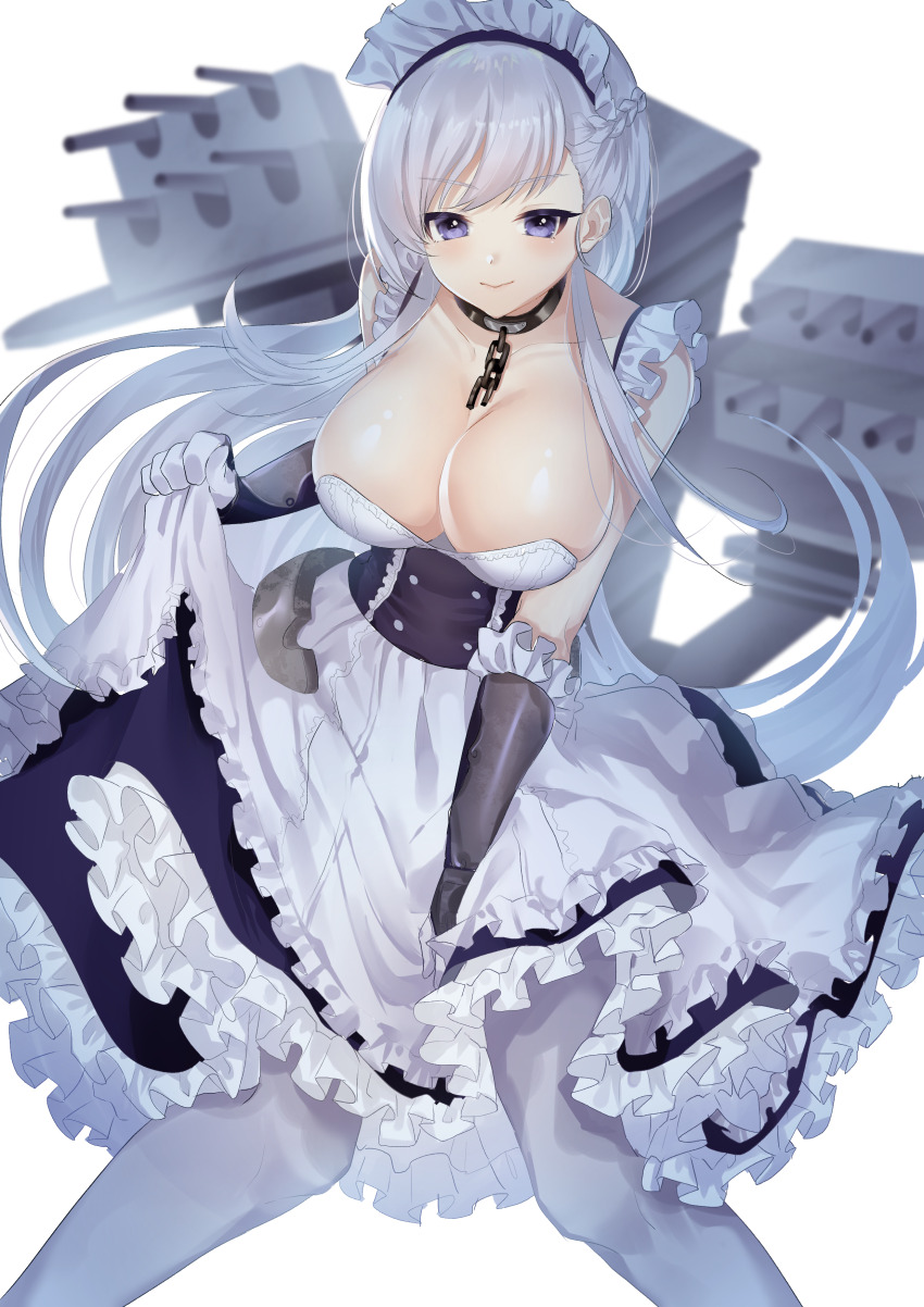1girl, absurdres, azur_lane, belfast_(azur_lane), between_legs, braid, breasts, broken