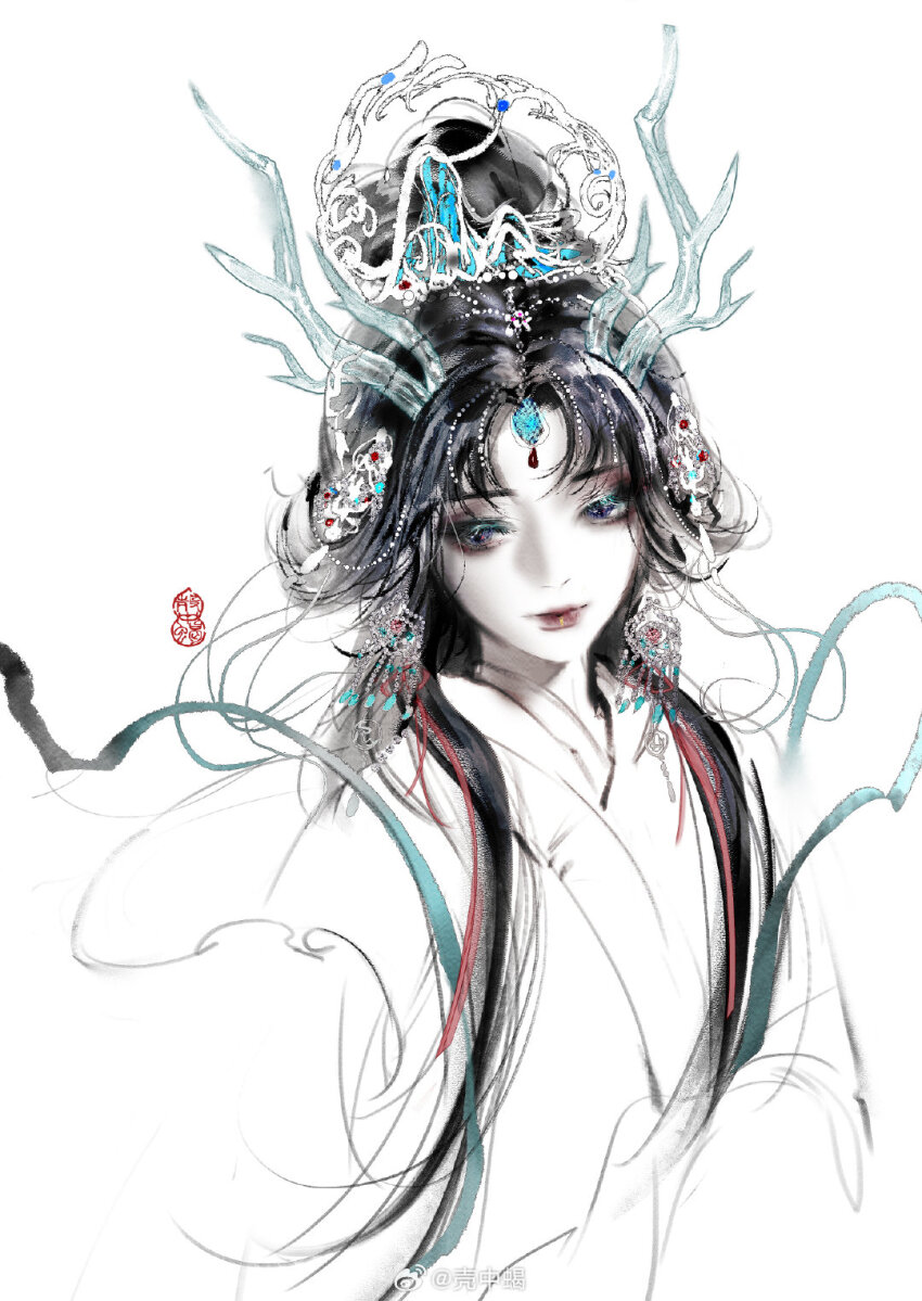 1girl, aqua_eyes, beads, black_hair, blue_eyeshadow, blue_gem, blue_horns, chinese_clothes, chinese_commentary, closed_mouth, clouded_loong_(infinity_nikki), commentary_request, crown, dragon_horns, expressionless, eyelashes, eyeshadow, forehead_jewel, gem, hagoromo, hair_beads, hair_bun, hair_ornament, hanfu, highres, horns, infinity_nikki, lipstick, long_hair, long_sidelocks, long_sleeves, looking_at_viewer, makeup, nikki_(series), pale_skin, red_lips, sasora, shawl, sidelocks, simple_background, single_hair_bun, sleeves_past_fingers, sleeves_past_wrists, slit_pupils, solo, upper_body, white_background, white_hanfu