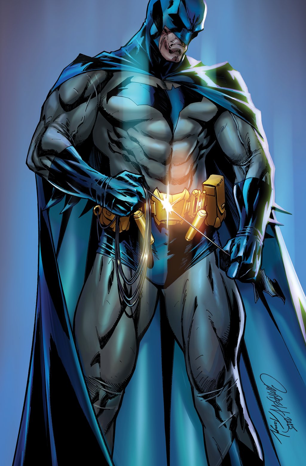 1boy, artist_collaboration, batman, batman_(series), blue_cape, blue_gloves, blue_male_underwear, bodysuit