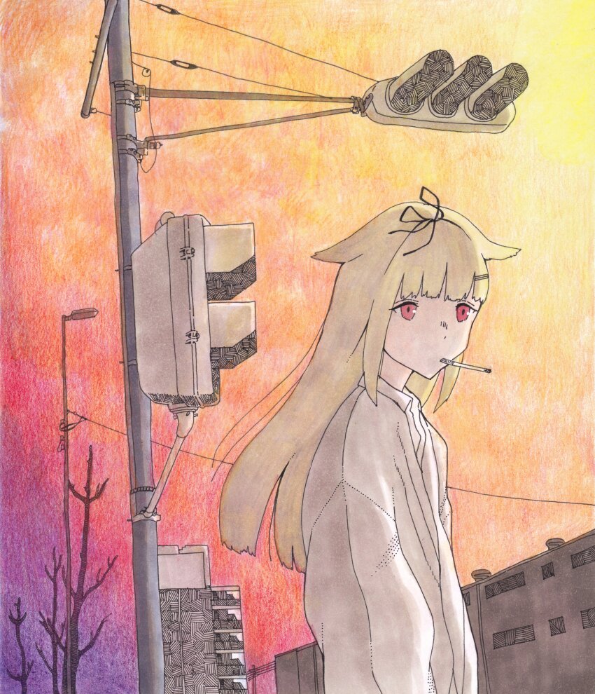 1girl, absurdres, alternate_costume, bare_tree, black_ribbon, blonde_hair, building, cb839