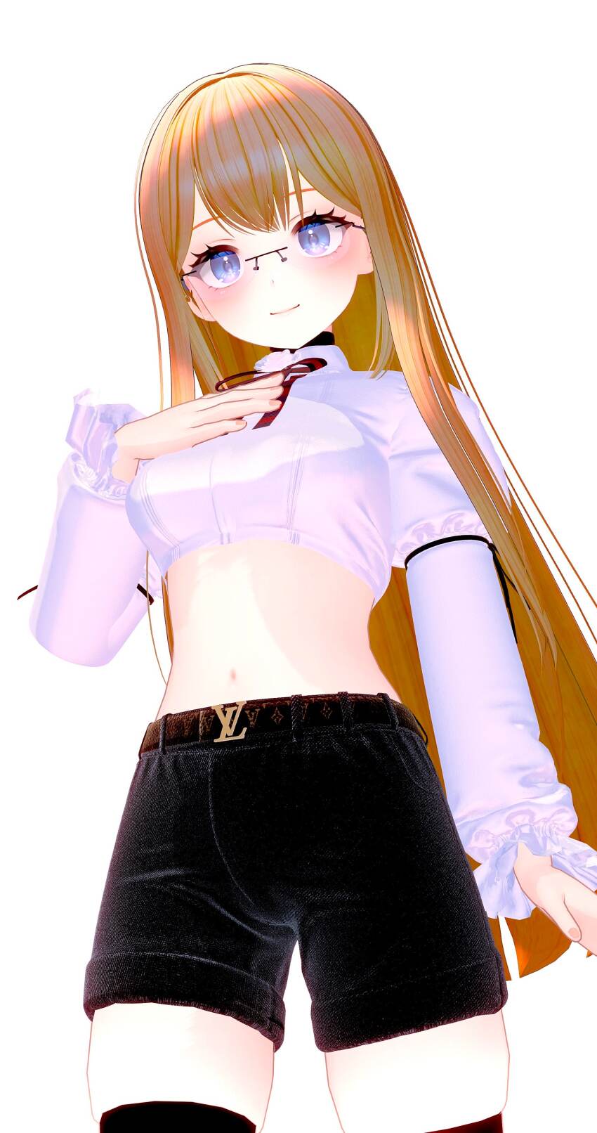 absurdres, belt, black_shorts, black_thighhighs, blue_eyes, collared_shirt, glasses, hand_on_own_chest