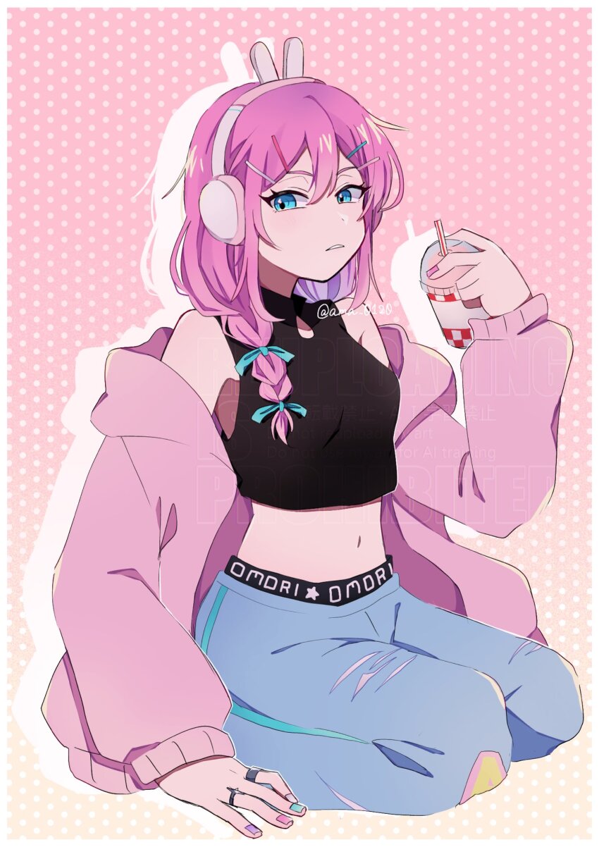 1girl, amane_(ama_yzk00), animal_ear_headphones, animal_ears, arm_support, aubrey_(birthday)_(omori), aubrey_(faraway)_(omori), aubrey_(omori)