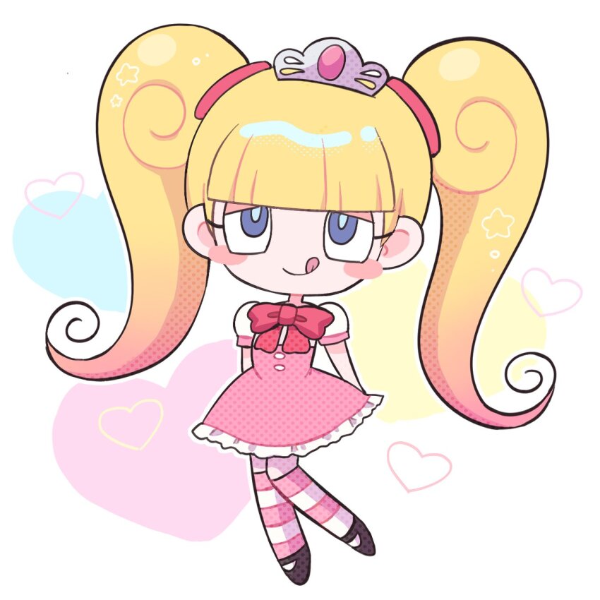 1girl, 4n_ud, blonde_hair, blue_eyes, blush_stickers, bow, bowtie, dress