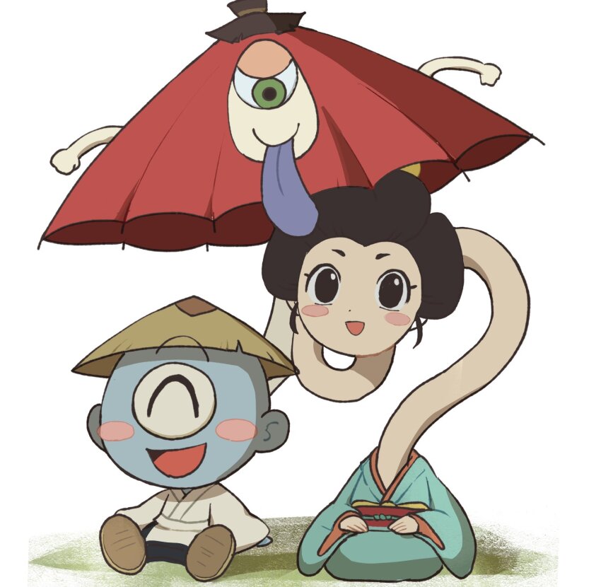 1boy, 1girl, 4n_ud, black_eyes, black_hair, blue_kimono, blue_skin, blush_stickers