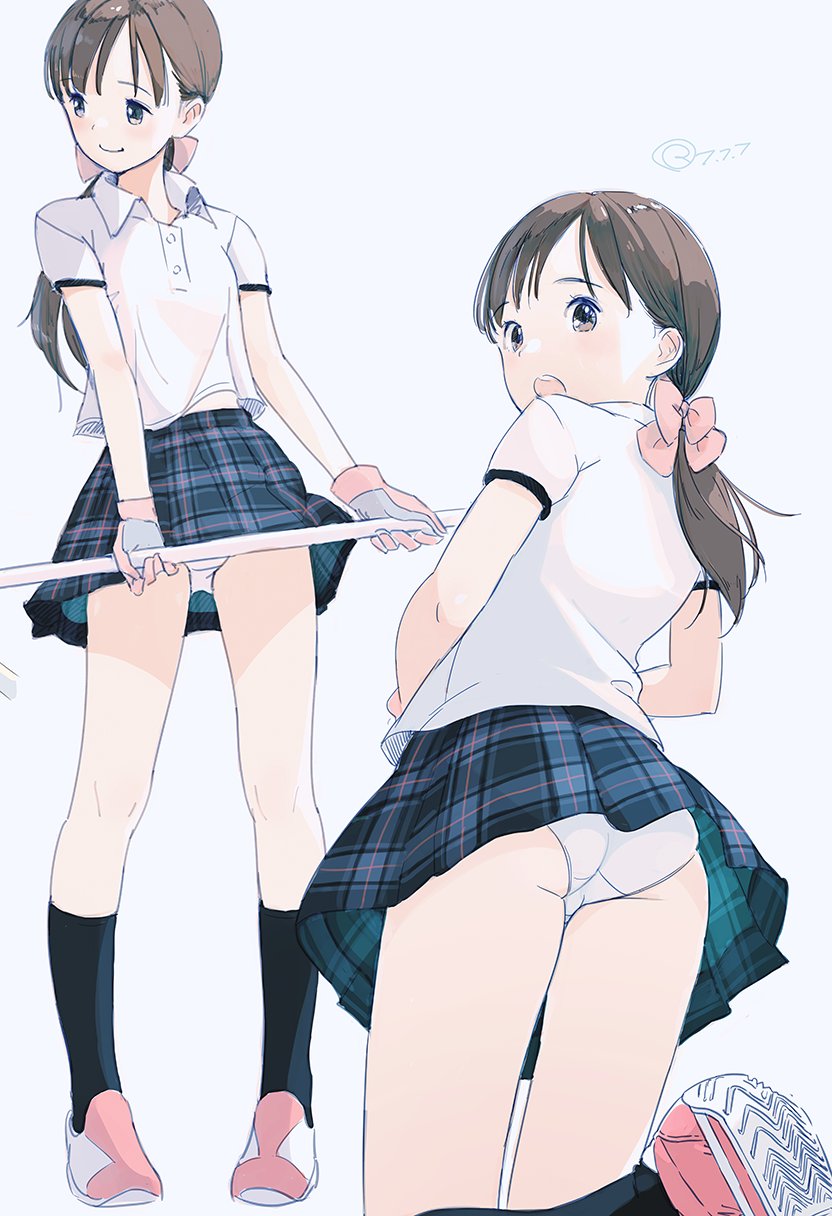 1girl, ass, black_socks, blush, bow, brown_eyes, brown_hair, buttons, closed_mouth, collared_shirt, dot_nose, forehead, gloves, grey_background, hair_bow, hair_ornament, highres, holding_lacrosse_stick, kneehighs, kneeling, kokudou_juunigou, lacrosse_stick, looking_at_viewer, looking_back, looking_to_the_side, multiple_views, open_mouth, original, panties, pantyshot, plaid_clothes, plaid_skirt, pleated_skirt, ponytail, shirt, shoes, short_hair, short_sleeves, simple_background, skirt, smile, socks, standing, swept_bangs, teeth, underwear, upper_teeth_only, upskirt, white_panties, white_shirt