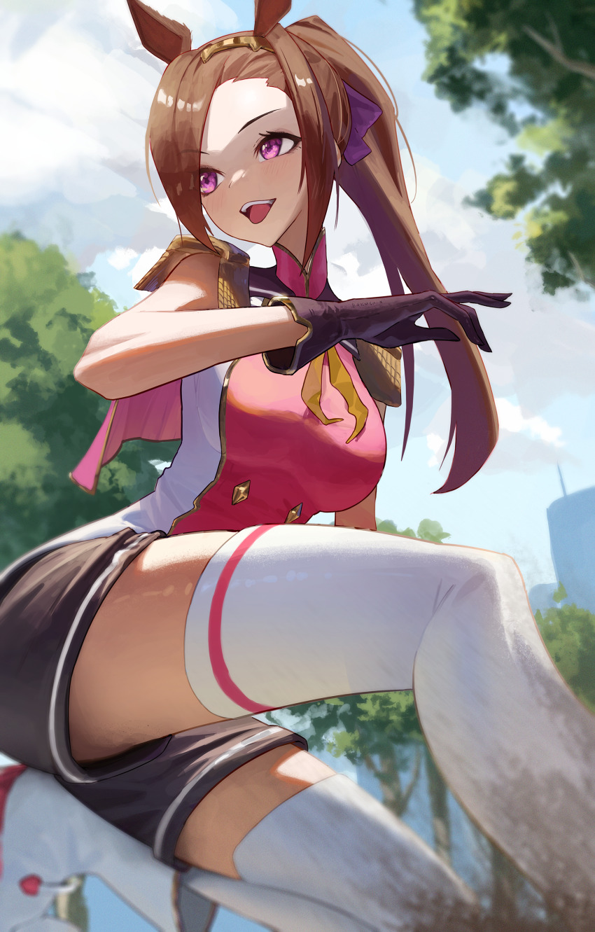 1girl, absurdres, animal_ears, black_gloves, black_shorts, blue_sky, brown_hair, cloud
