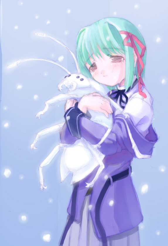 1girl, anmoto_shiika, bug, female_focus, from_behind, hug, mushiuta, sad_girl_in_snow