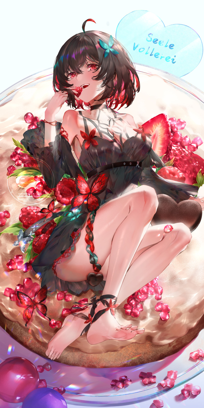 1girl, absurdres, ahoge, balloon, barefoot, black_choker, black_dress, black_hair