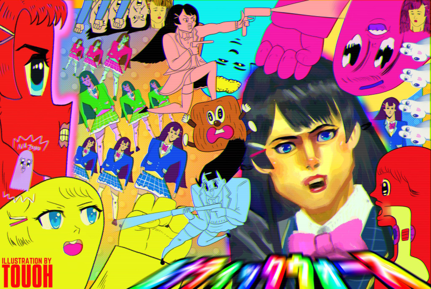 1boy, abstract, ac-bu_(style), artist_name, blue_eyes, blue_jacket, bow, brain