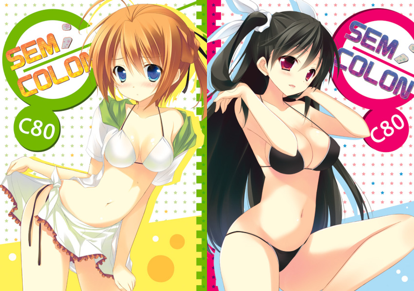 2girls, bare_shoulders, bikini, bikini_skirt, black_hair, blue_eyes, blush, breasts