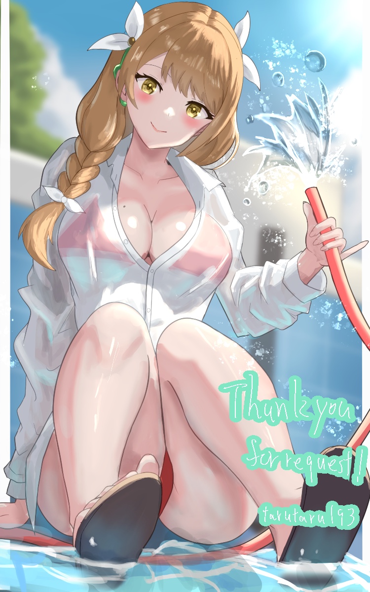 1girl, alternate_costume, bare_legs, bikini, bikini_under_clothes, blue_sky, blush, braid