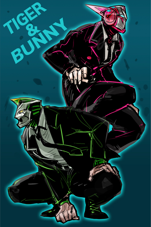 10s, 2boys, barnaby_brooks_jr., formal_clothes, glowing, helmet, kaburagi_t._kotetsu, male_focus, multiple_boys, necktie, paipai, suit, superhero_costume, tiger_&amp;_bunny, wild_tiger