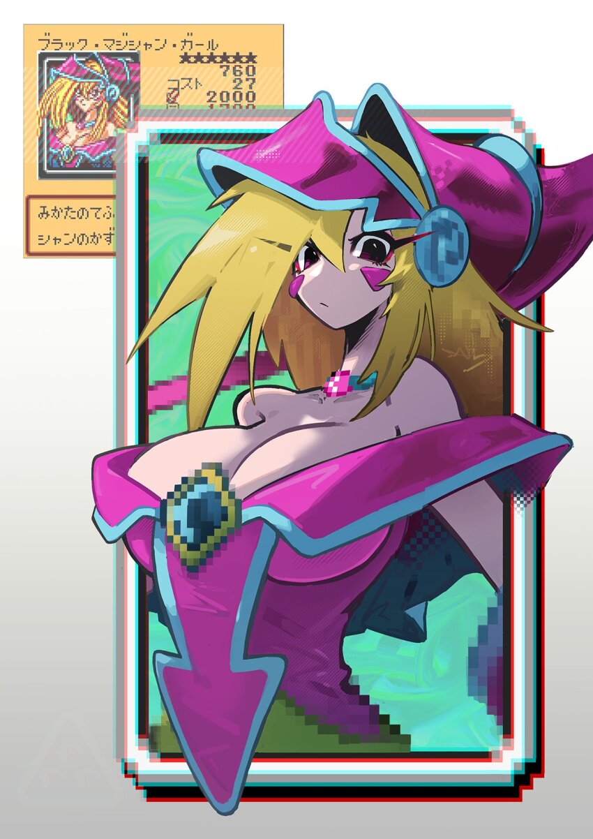 1girl, alternate_color, bare_shoulders, blonde_hair, blush_stickers, breasts, cleavage, dark_magician_girl, derivative_work, duel_monster, hat, highres, large_breasts, long_hair, looking_at_viewer, pink_eyes, shakeeeeeeeee, solo, sprite_redraw, upper_body, wizard_hat, yu-gi-oh!, yu-gi-oh!_dark_duel_stories