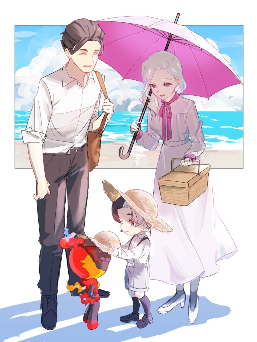 1girl, 2boys, aged_down, amethio_(pokemon), bag, black_socks, brown_bag, cervantis_(pokemon)