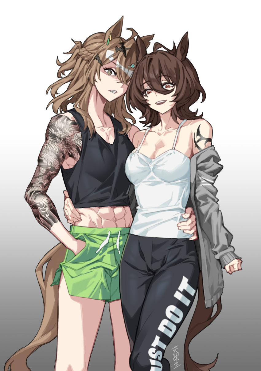 2girls, agnes_tachyon_(umamusume), ahoge, animal_ears, arm_tattoo, black_pants, black_tank_top, braid
