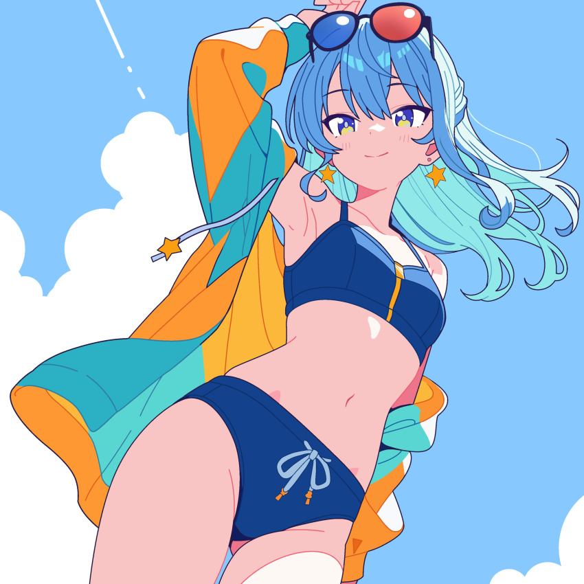 1girl, absurdres, arm_up, bikini, blue_bikini, blue_eyes, blue_hair, blue_sky, breasts, closed_mouth, cloud, day, earrings, eyewear_on_head, floating_hair, highres, hololive, hoshimachi_suisei, jacket, jewelry, kerinaharaini, long_hair, looking_at_viewer, navel, outdoors, sky, small_breasts, smile, solo, star_(symbol), star_earrings, stomach, sunglasses, swimsuit, tinted_eyewear, virtual_youtuber