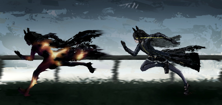 2girls, absurdres, animal_ears, black_coat, black_gloves, black_pantyhose, black_shoes, coat, eye_trail, gloves, highres, horse_ears, horse_girl, horse_racing_track, light_trail, long_hair, long_sleeves, manhattan_cafe_(umamusume), motion_blur, motion_lines, multiple_girls, necktie, pantyhose, running, shoes, sunday_silence_(racehorse), thefatum, umamusume, very_long_hair, yellow_eyes, yellow_necktie