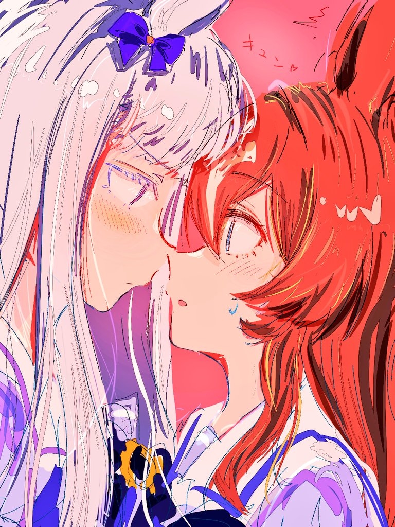 2girls, animal_ears, blue_bow, blue_eyes, blunt_bangs, blush, bow, bowtie