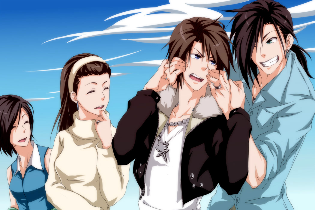 1990s_(style), 2boys, 2girls, age_difference, blue_eyes, blue_shirt, brother_and_sister, brown_hair, closed_eyes, dress_shirt, earrings, ellone_loire, family, father_and_child, father_and_daughter, father_and_son, final_fantasy, final_fantasy_viii, grin, hair_over_one_eye, hairband, husband_and_wife, jacket, jewelry, laguna_loire, long_hair, mother_and_child, mother_and_daughter, mother_and_son, multiple_boys, multiple_girls, necklace, neige_(pixiv1254565), one_eye_closed, open_mouth, parent_and_child, ponytail, raine_loire, retro_artstyle, ring, shirt, short_hair, siblings, smile, squall_leonhart, sweater, time_paradox, white_shirt, wink