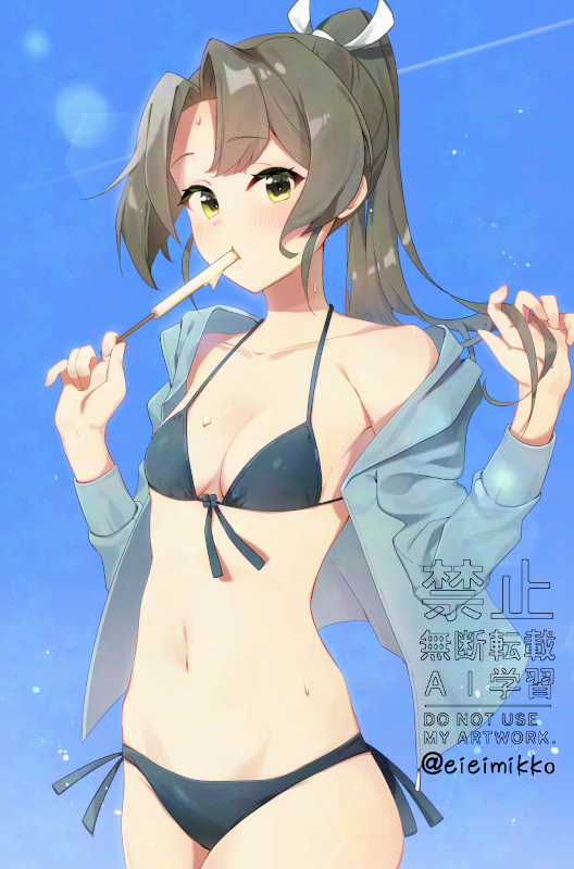 1girl, bikini, blue_background, blue_bikini, blue_jacket, blush, breasts, cowboy_shot