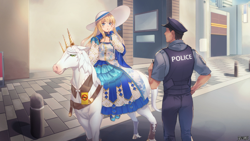 1boy, 1girl, above-cleavage_cutout, black_hair, blonde_hair, blue_dress, blue_eyes, blue_shoes