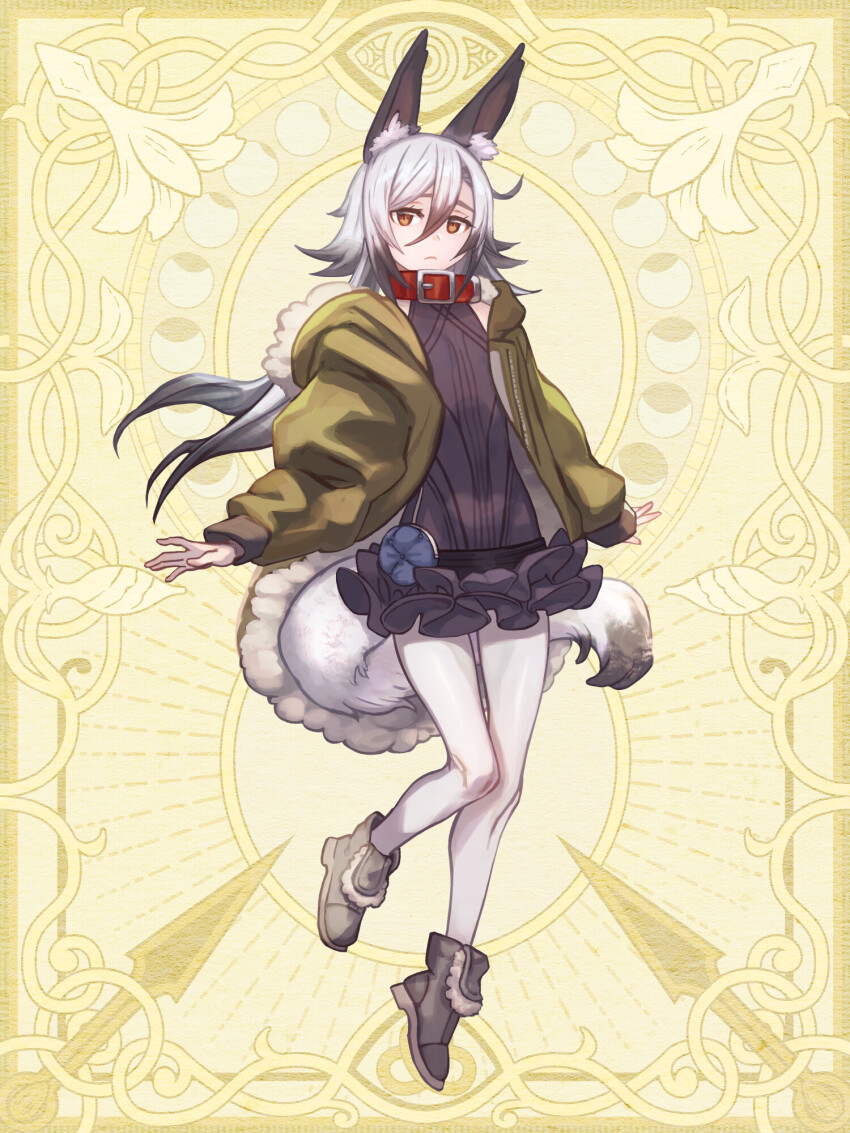 1girl, :<, animal_ear_fluff, animal_ears, ankle_boots, arms_at_sides, belt_collar, black_dress, black_hair, boots, botamochi_fuuki, chain_paradox, closed_mouth, collar, colored_tips, dress, flat_chest, flipped_hair, fox_ears, fox_girl, fox_tail, frilled_dress, frills, full_body, fur-trimmed_jacket, fur_trim, genzo404, green_jacket, grey_boots, hair_between_eyes, halter_dress, halterneck, highres, hood, hood_down, hooded_jacket, jacket, knees_together_feet_apart, long_bangs, long_hair, long_sleeves, looking_at_viewer, multicolored_hair, open_clothes, open_jacket, orange_eyes, pantyhose, puffy_long_sleeves, puffy_sleeves, red_collar, short_dress, sleeveless, sleeveless_dress, solo, standing, tail, white_hair, white_pantyhose, yellow_background