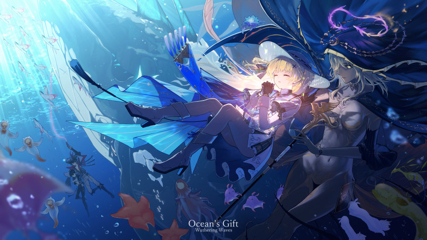 2boys, 2girls, absurdres, black_collar, black_gloves, blonde_hair, blue_cape, blue_sash