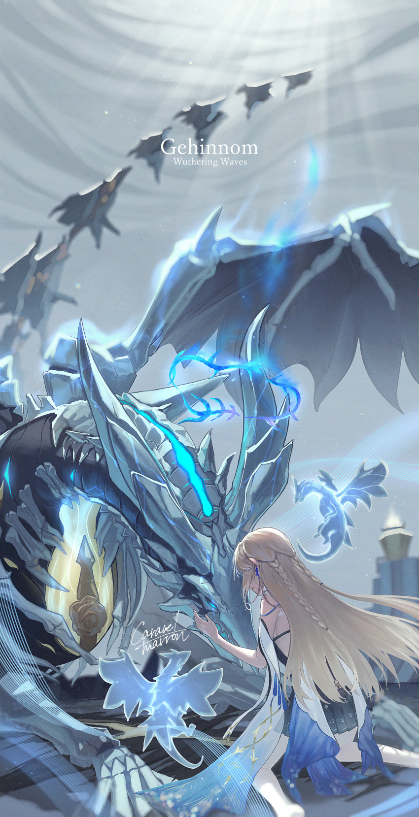 1girl, absurdres, bare_shoulders, barefoot, black_collar, black_dress, blonde_hair, braid