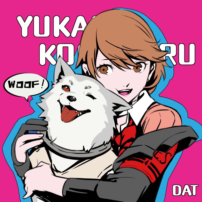 1boy, 1girl, animal, armband, black_jacket, bow, bowtie, brown_hair