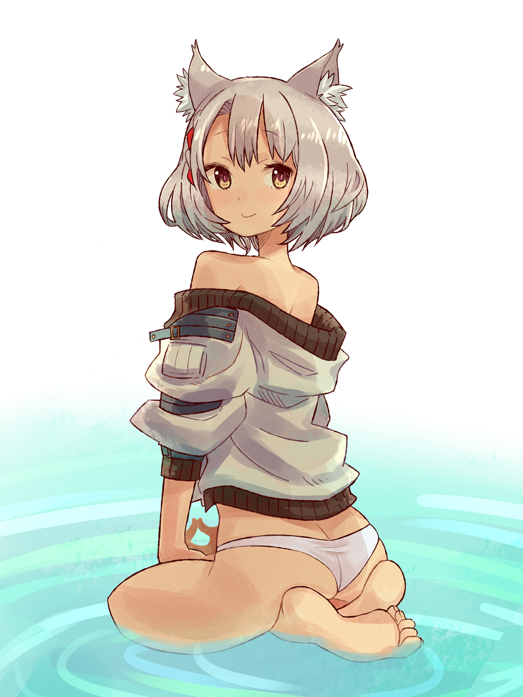1girl, animal_ear_fluff, animal_ears, ass, bare_shoulders, barefoot, blush, cat_ears