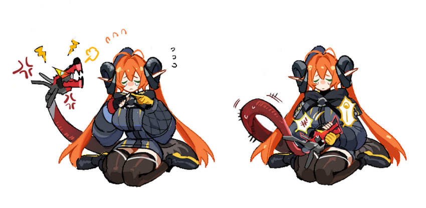 1girl, black_horns, black_jacket, black_thighhighs, blush, breasts, closed_eyes, curled_horns