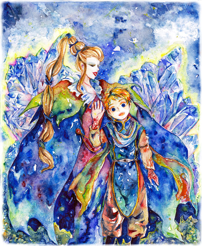 1boy, 1girl, blonde_hair, blue_eyes, blue_ribbon, brown_hair, cloak, crystal