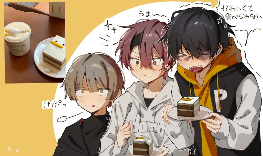 >_<, 3boys, absurdres, black_hair, black_hairband, black_jacket, black_shirt, blonde_hair, blush, burn_scar, eating, eve_(musician), food, food_on_face, fork, fuchi_sunao, hairband, highres, hiruma_mahiru, holding, holding_fork, holding_plate, hood, hooded_jacket, hoodie, jacket, mahiru_hiruma, multicolored_jacket, multiple_boys, orange_hoodie, otogiri_tobi, photo_inset, plate, red_hair, scar, scar_on_face, sharp_teeth, shirt, sider_eve, sleeves_past_wrists, sweat, teeth, translated, turtleneck, two-tone_jacket, white_hoodie, white_jacket, yellow_eyes