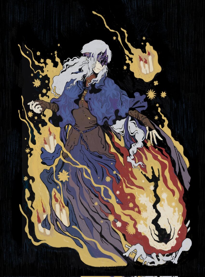 1girl, arm_wrap, black_background, black_capelet, blindfold_mask, bonfire_(dark_souls), candle, capelet