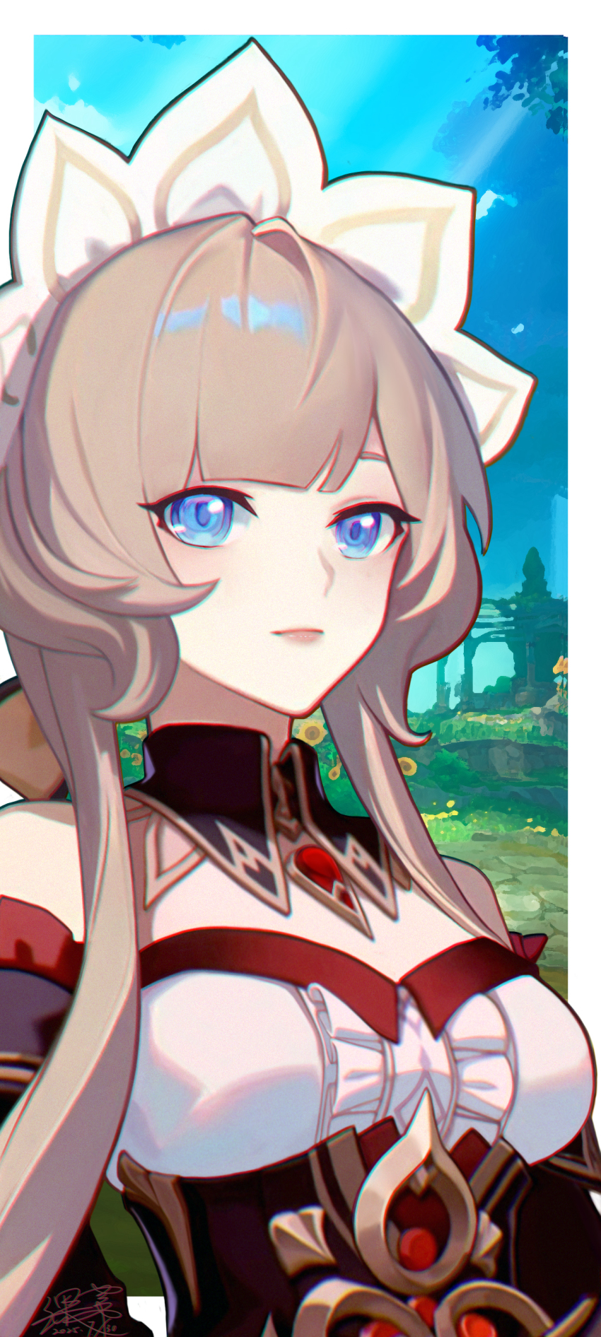 1girl, absurdres, bare_shoulders, blue_eyes, blunt_bangs, breasts, center_frills, commentary