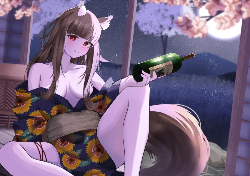 1girl, absurdres, alcohol, animal_ear_fluff, animal_ears, araca_ra, arm_behind_back, bare_shoulders