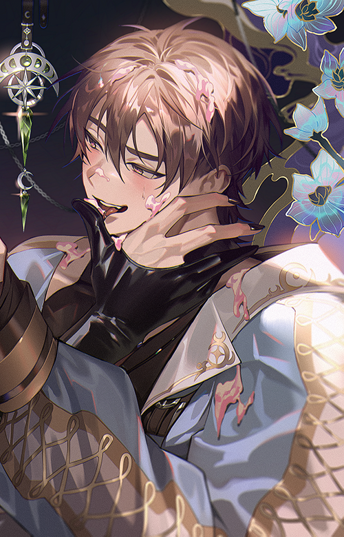 1boy, baegji13, bishounen, black_gloves, black_nails, black_shirt, blue_flower, blue_jacket