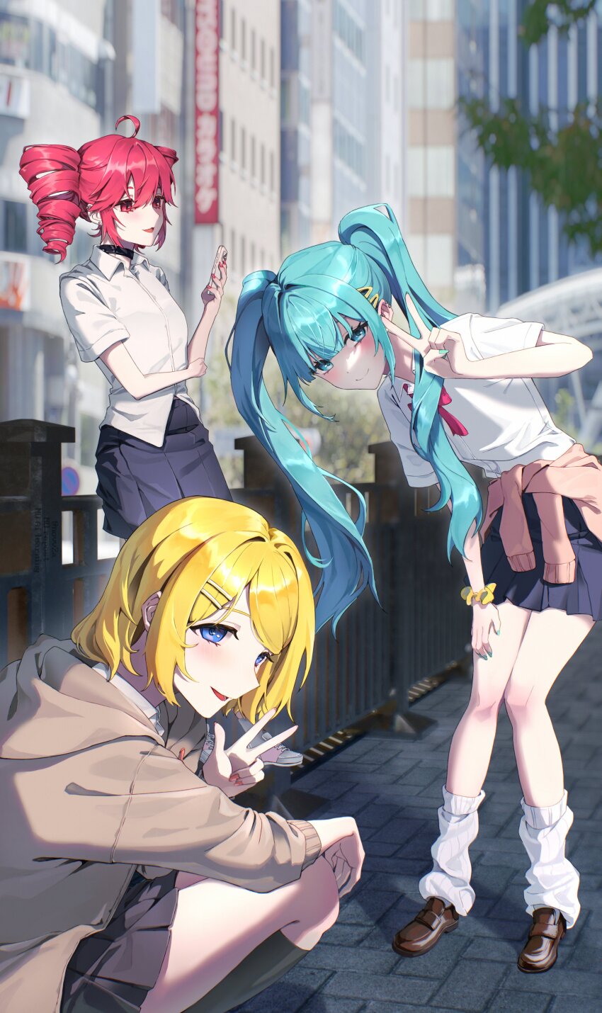 3girls, absurdres, against_railing, ahoge, alternate_costume, black_choker, black_skirt, blonde_hair