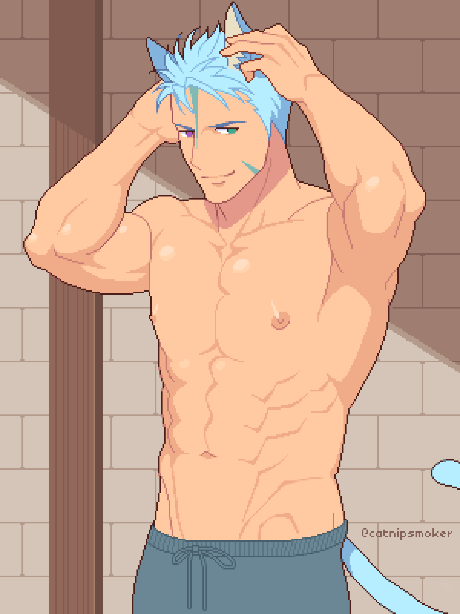 1boy, abs, animal_ears, bara, blue_hair, cat_boy, cat_ears, catnipsmoker_(hakino), commentary, english_commentary, fire_emblem, fire_emblem:_path_of_radiance, green_eyes, hands_on_own_head, heterochromia, highres, male_focus, muscular, muscular_male, navel, nintendo, nipples, pectorals, purple_eyes, ranulf_(fire_emblem), short_hair, solo, tail, topless_male, twitter_username, variant_set