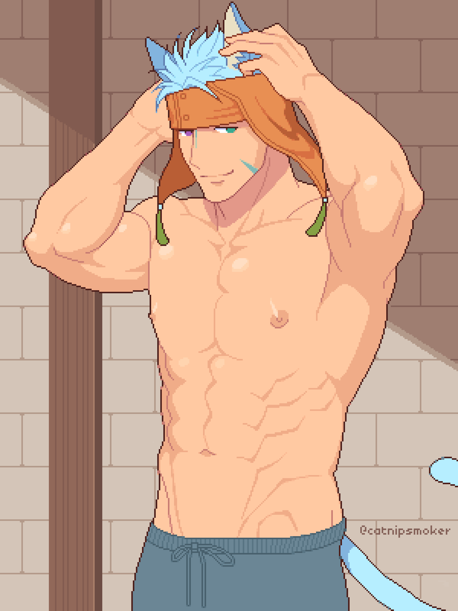 1boy, abs, animal_ears, bara, blue_hair, cat_boy, cat_ears, catnipsmoker_(hakino)